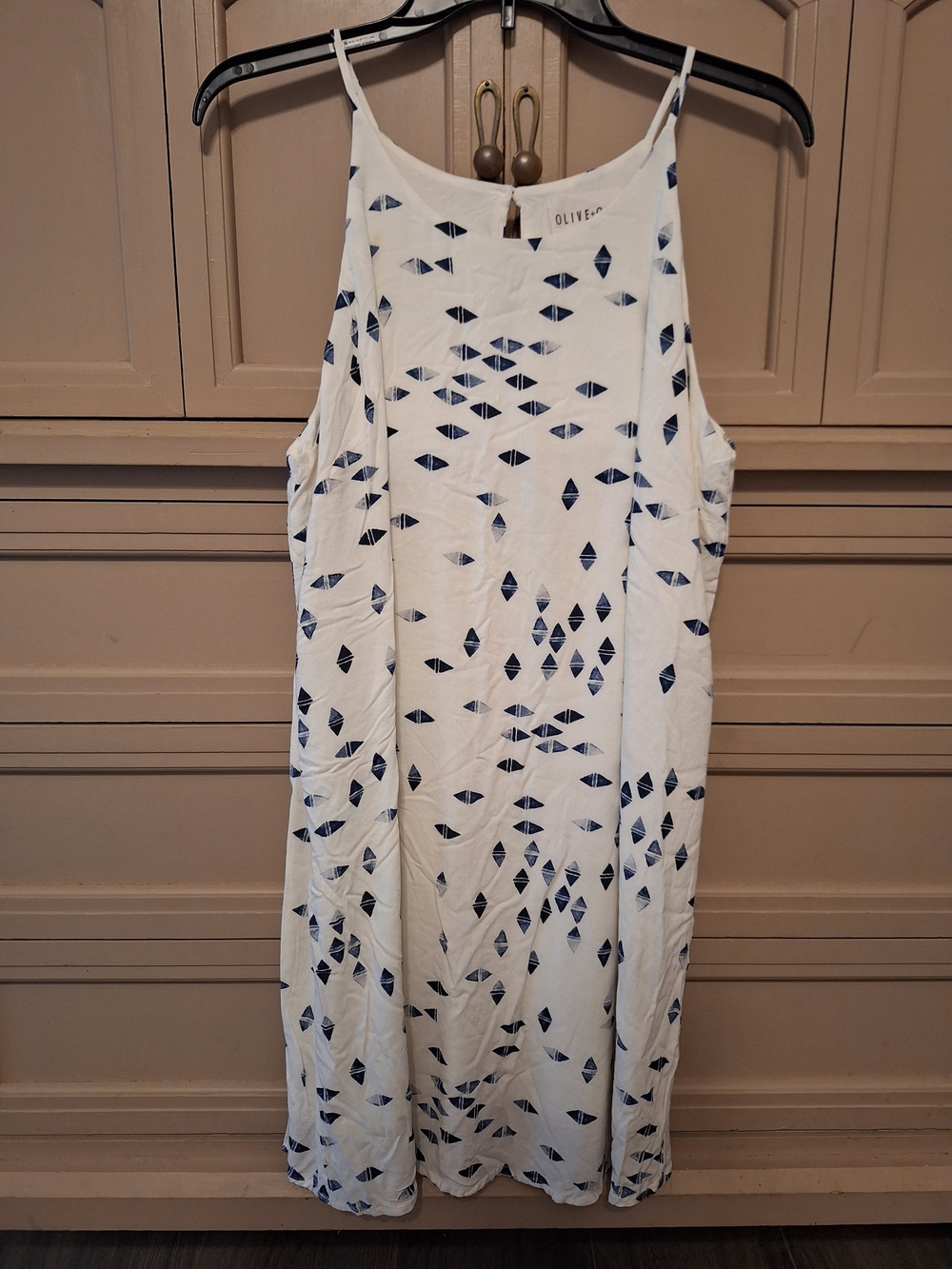 Olive + Oak White Midi Dress with Navy Geometric Print Size L